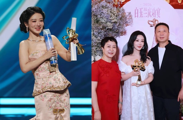Duong Tu and her parents at the party to congratulate her winning the Best Actress award. Bach Ngoc Lan. Photo Xinhua