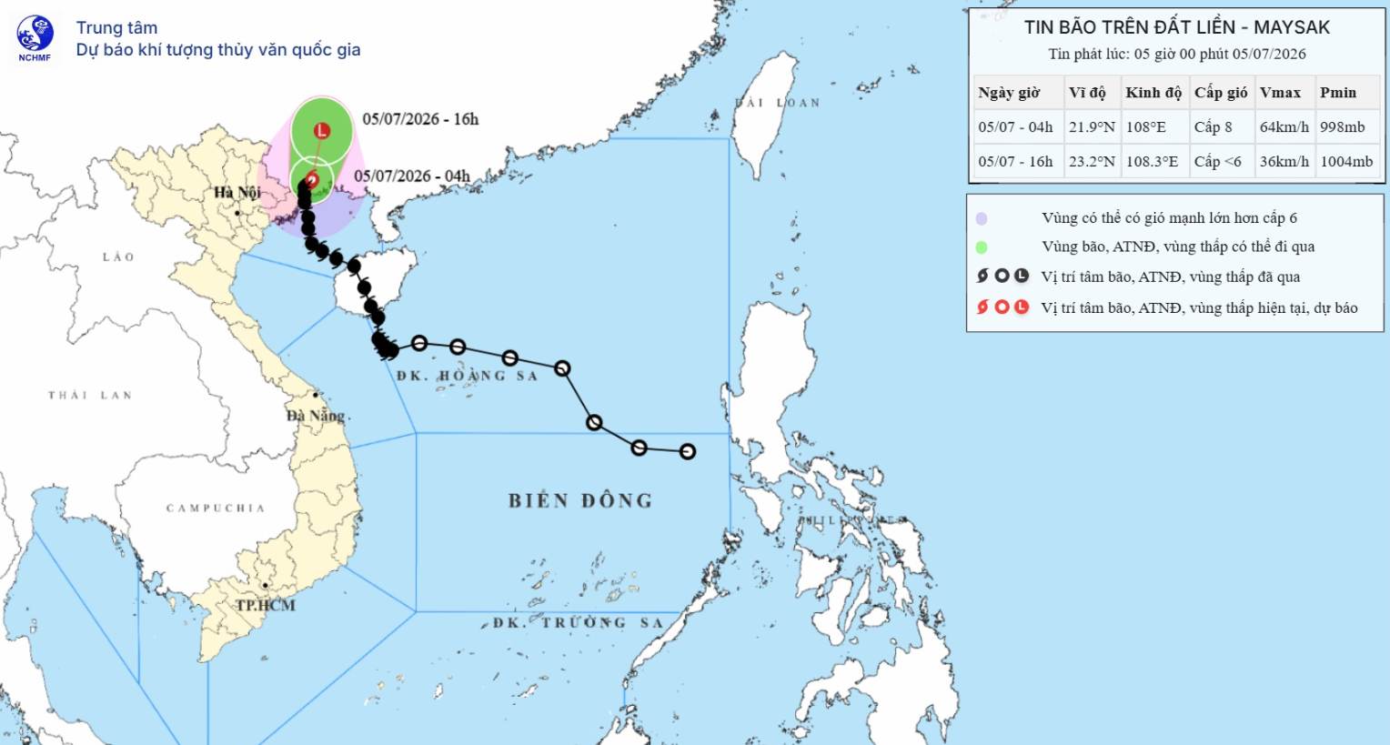 Cập nhật vị trí và đường đi của bão số 1 vào 5h ngày 5.7. Nguồn: Trung tâm Dự báo Khí tượng Thủy văn Quốc gia
