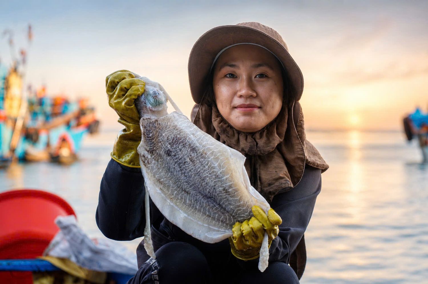 Fresh squid after the night sea trip are brought to Nghia An floating market, Quang Ngai province, attracting buyers from early morning. Photo: Dong Giang