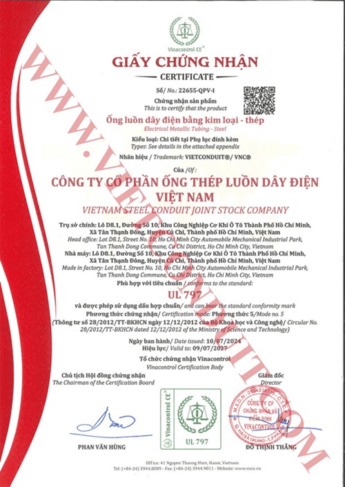Giấy chứng nhận UL 797 cho sản phẩm ống thép luồn dây điện của Vietconduit – Nguồn ảnh do doanh nghiệp cung cấp