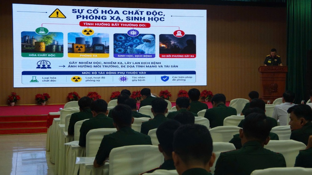 Training to improve skills and practice responding to toxic chemical and radiation incidents. Photo: An Giang Military Command