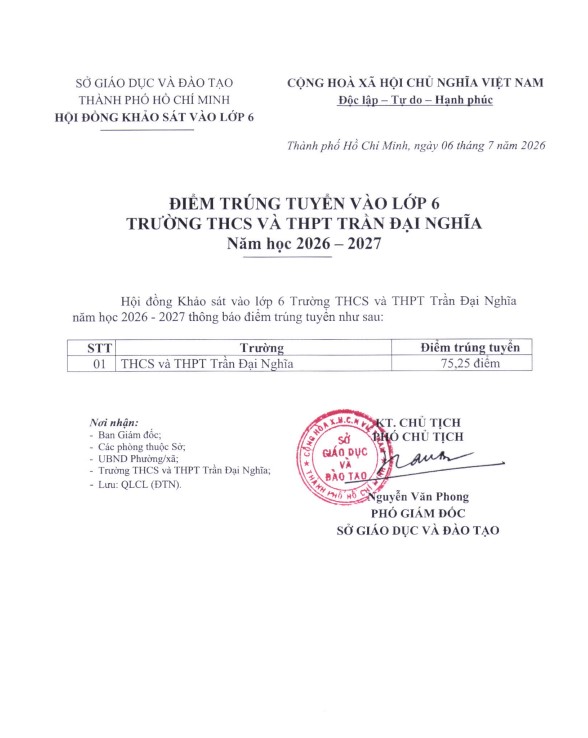 Sở GDĐT TPHCM công bố điểm chuẩn tuyển sinh lớp 6 Trường THCS-THPT Trần Đại Nghĩa năm học 2026-2027 là 75,25 điểm. Nguồn: Sở GDĐT TPHCM