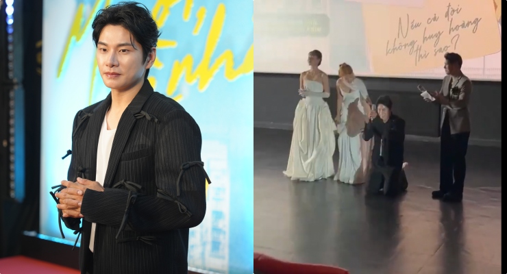 Lee Yi Kyung s'agenouille pour remercier le public. Photo: Fournie par l'équipe du film Mẹ ơi, về nhà.