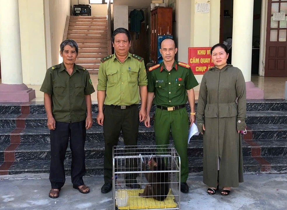 Lai Khe Commune Police receive red-faced monkey individual. Photo: Hai Phong Police