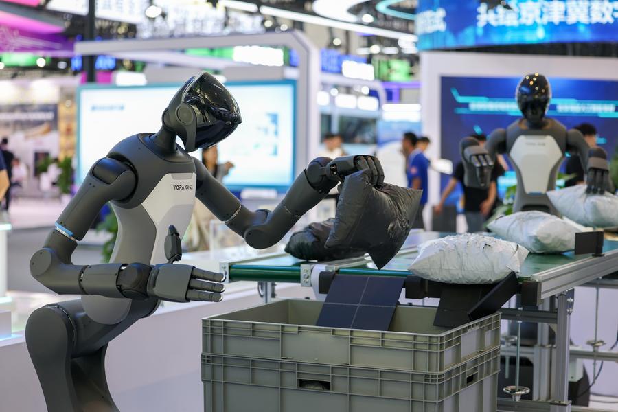 PaXini's humanoid robot demonstrates its ability to pick up packages at the 2026 World Intellectual Exhibition in Tianjin (China). Photo: Xinhua