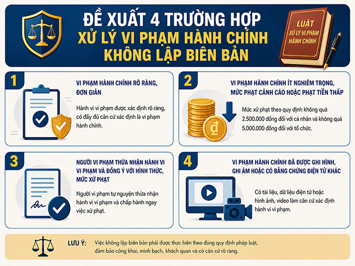 Trong dự thảo Luật Xử lý vi phạm hành chính (sửa đổi), Bộ Công an đề xuất các trường hợp xử phạt không lập biên bản. Ảnh: Quang Việt (Đồ họa thực hiện bởi hỗ trợ AI)