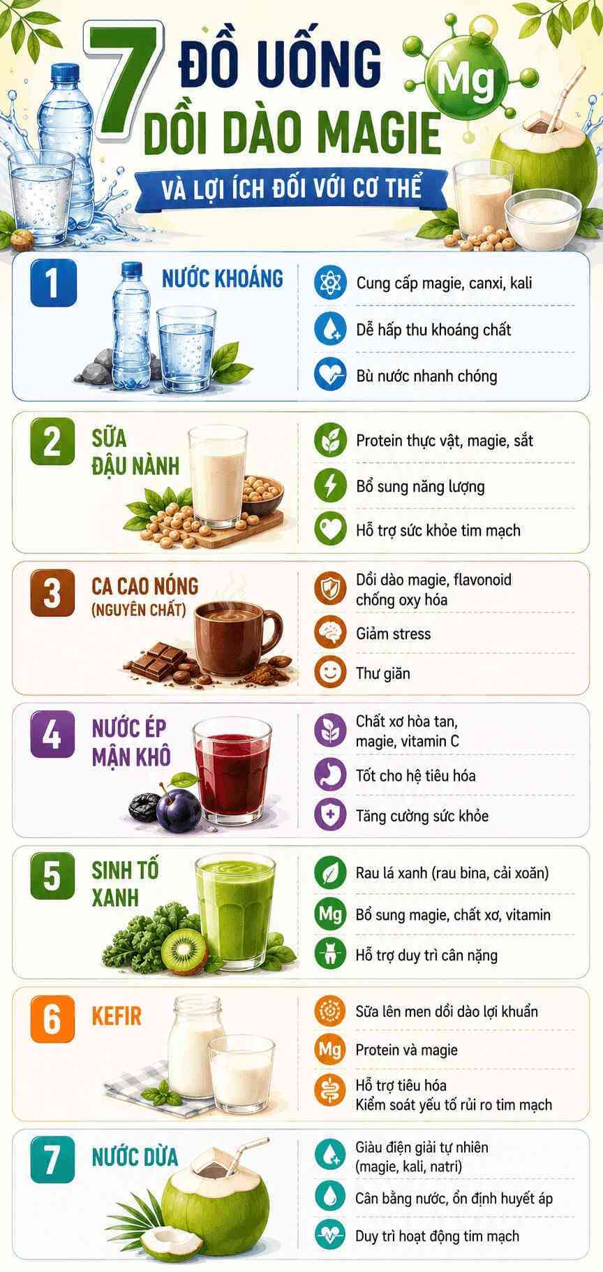 Infographic: 7 đồ uống dồi dào magie hỗ trợ giảm stress và tim mạch. Lựa chọn đồ uống ít đường và nguyên chất là nguyên tắc cơ bản để hấp thu tối đa dưỡng chất. Đồ họa: AI