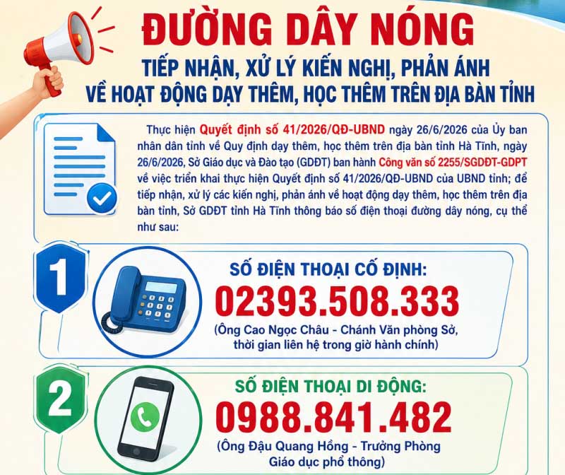 Hotline to reflect on tutoring and extra classes that the Ha Tinh Department of Education and Training has just announced. Photo: Ha Tinh Department of Education and Training