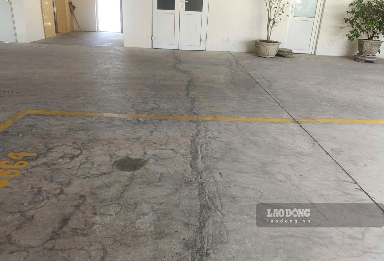 Xuất hiện nhiều vết nứt tại khu vực sân và tầng hầm của tòa nhà. Ảnh: Quách Du