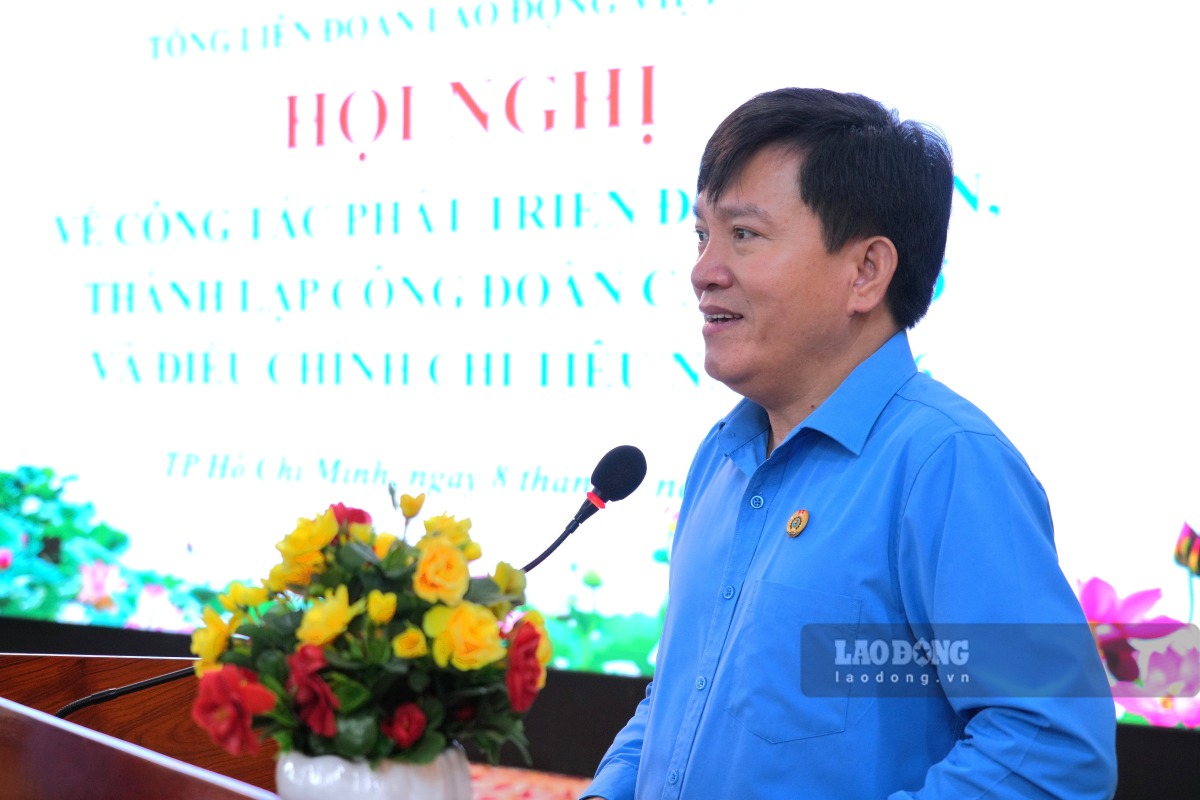 El vicepresidente de la Confederación General del Trabajo de Vietnam, Nguyen Xuan Hung, habló en la conferencia sobre el trabajo de desarrollo de miembros sindicales y el establecimiento de sindicatos de base, organizados en la región Sur. Foto: Thanh An
