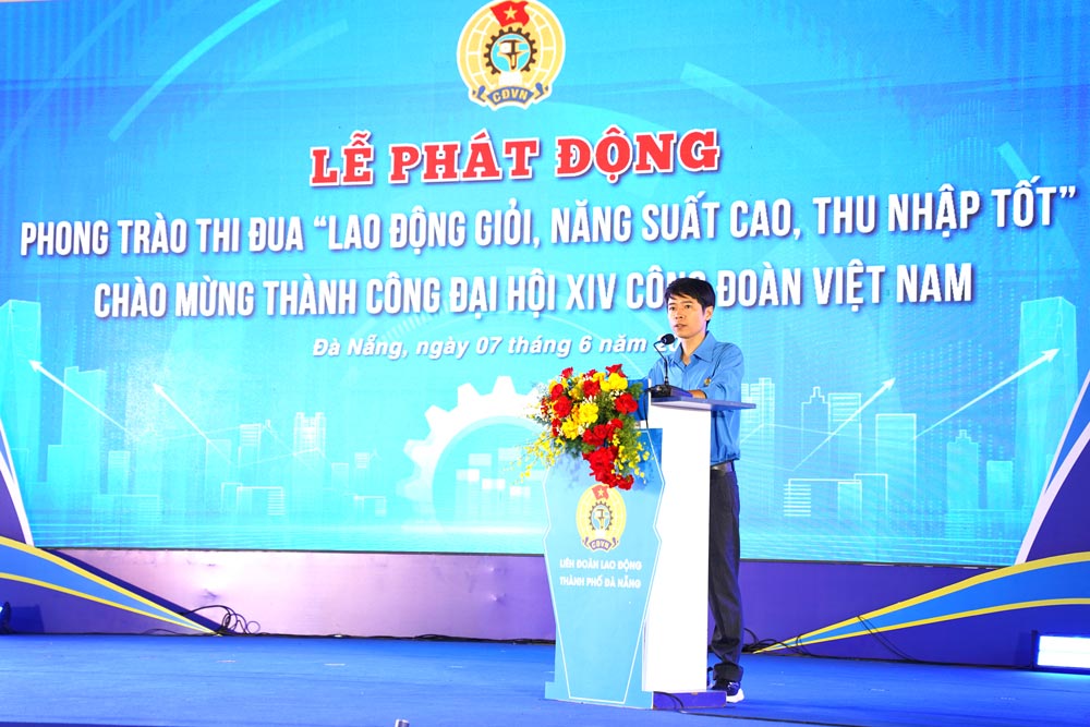 Mr. Le Ba Minh - union member of the Trade Union of Daiwa Vietnam Co., Ltd. spoke at the launching ceremony of the emulation movement "Good labor, high productivity, good income" for the period 2026 - 2031. Photo: Da Nang City Labor Federation provided