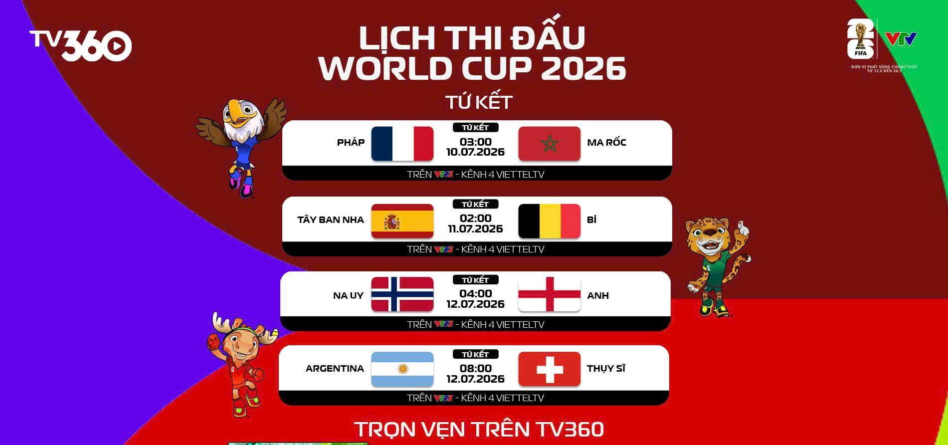 Lịch thi đấu tại tứ kết World Cup 2026. Ảnh: TV360