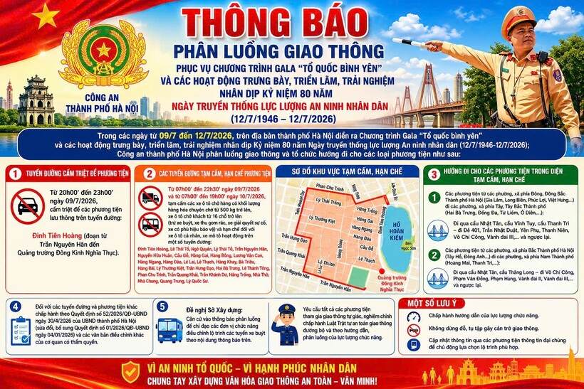 Thông báo phân luồng của Công an thành phố Hà Nội phục vụ chương trình kỷ niệm. Ảnh: Cổng thông tin điện tử Bộ Công an 