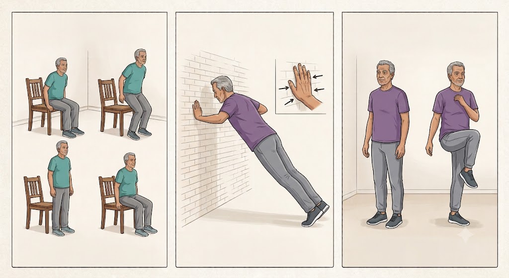 Performing some simple home exercises helps maintain strength for men over 60 years old. Photo created by AI