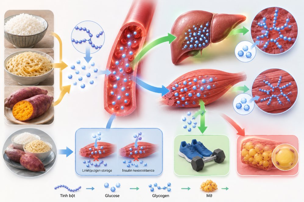 Glucose từ tinh bột được ưu tiên dự trữ ở gan và cơ bắp, chỉ chuyển thành mỡ khi năng lượng dư thừa kéo dài. Ảnh có sự hỗ trợ của AI