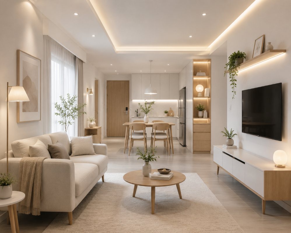 Bright tones combined with minimalist furniture make the small apartment look wider and more airy. Photo supported by AI