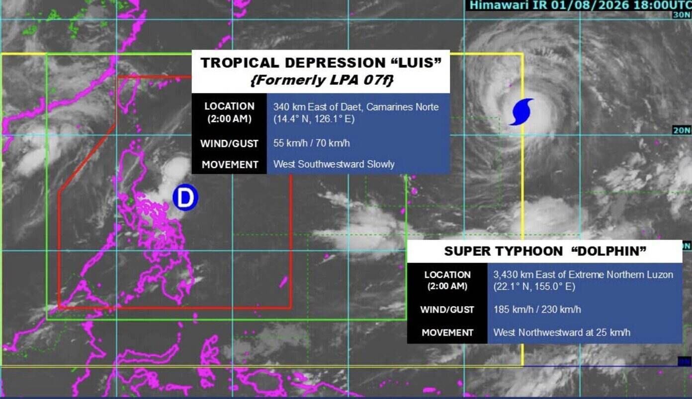 Tropical depression Luis and storm Dolphin on the morning of August 2. Photo: PAGASA