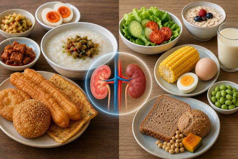 Bữa sáng với nhiều món ăn khác nhau cần được cân đối để hạn chế muối và chất béo. Ảnh có sự hỗ trợ của AI