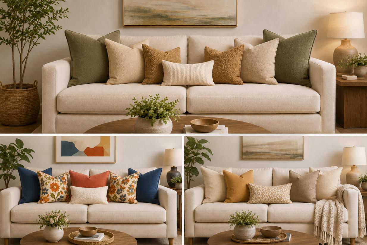 The way to coordinate pillows with diverse sizes and colors helps the sofa be more balanced and harmonious. Photo created by AI