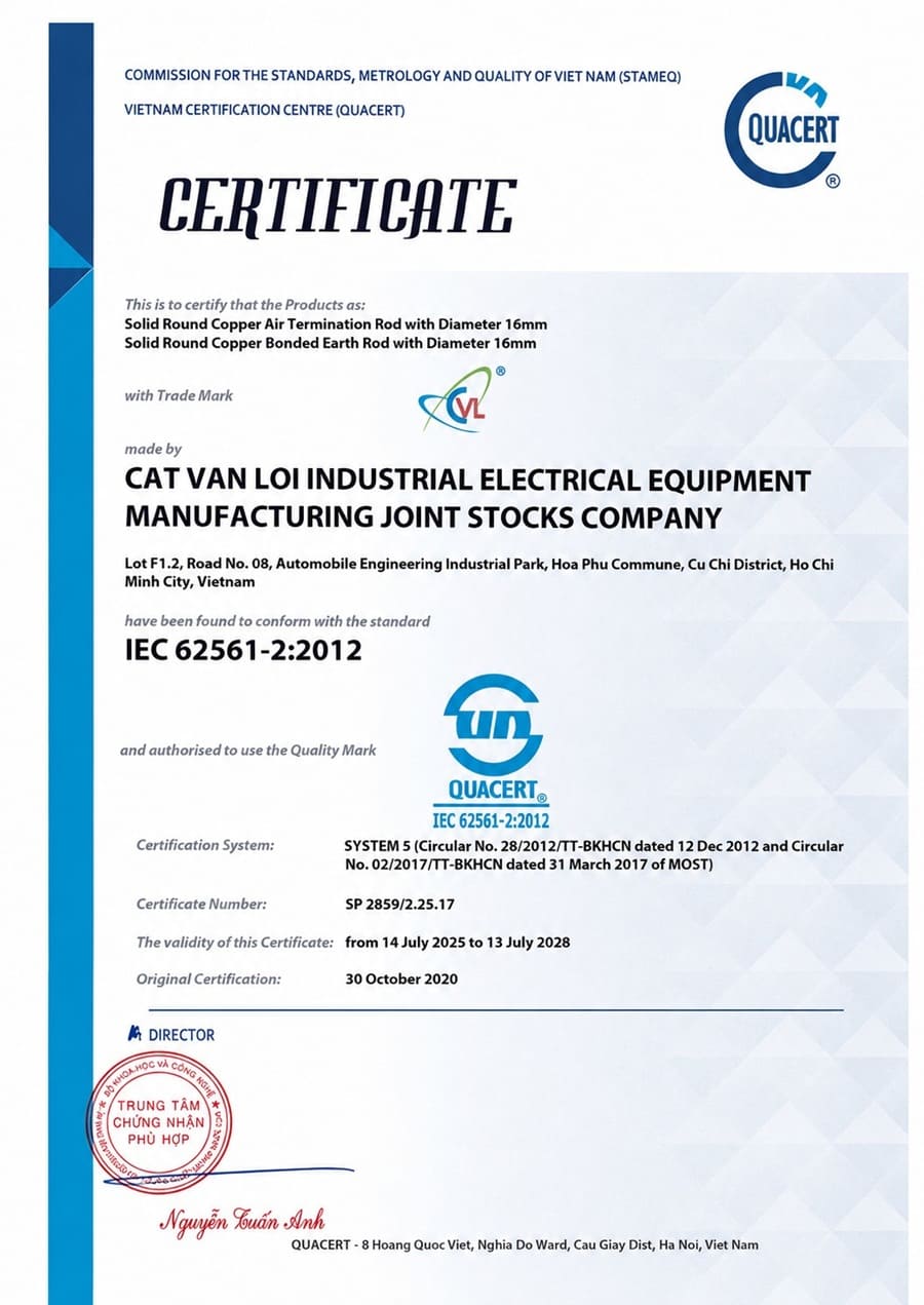 Giấy chứng nhận IEC 62561 cho sản phẩm hệ thống chống sét tiếp địa do Cát Vạn Lợi sản xuất. Ảnh: Cát Vạn Lợi