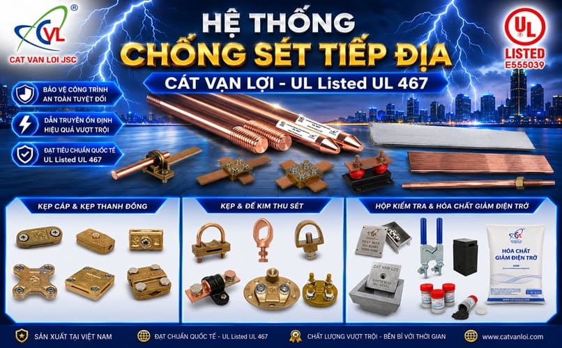 The contact lightning protection system and accessories manufactured by Cat Van Loi meet UL Listed - UL 467 standards. Photo: Cat Van Loi