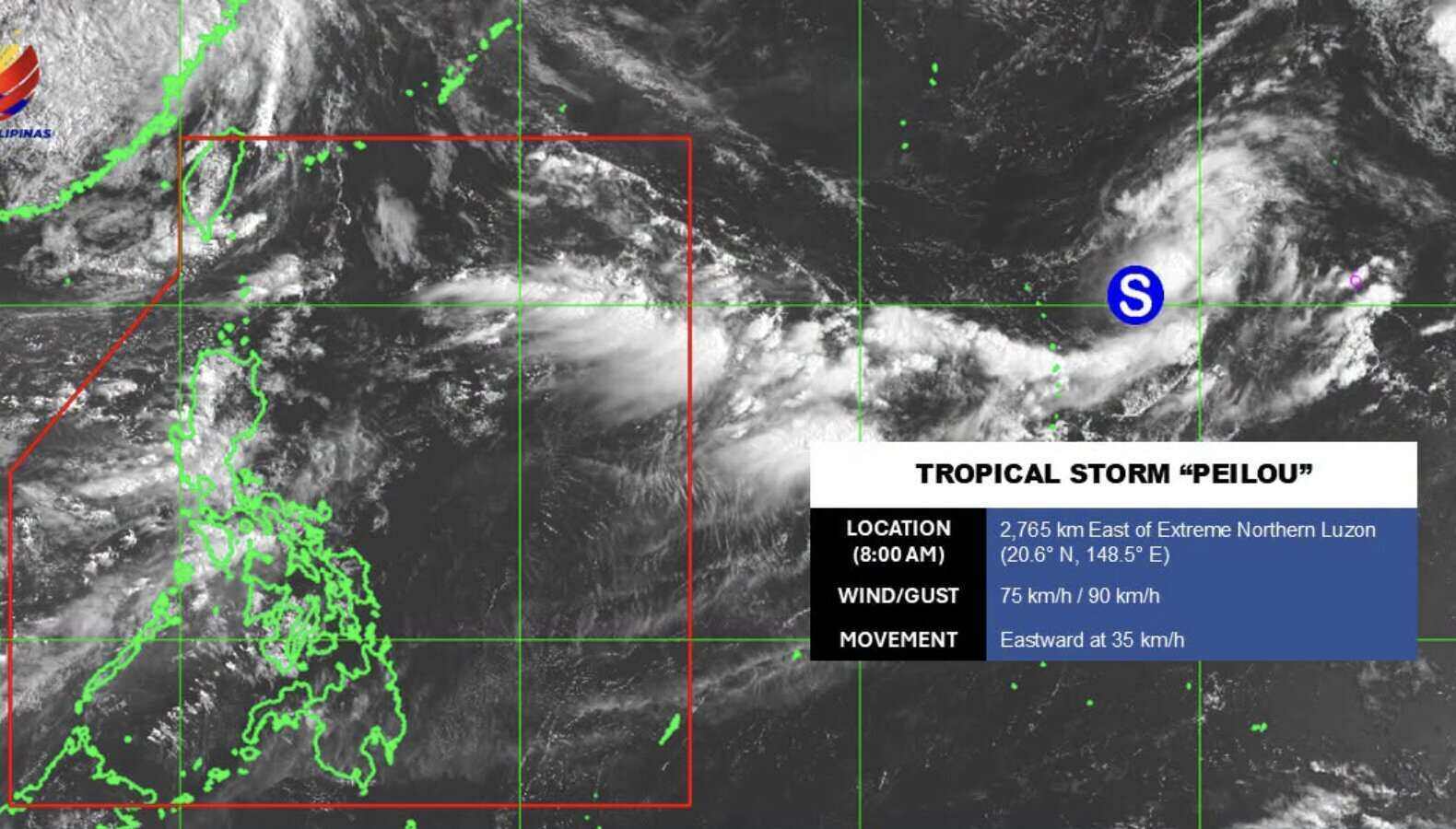 Tropical storm Peilou is currently 2,765km east of the northernmost point of Luzon Island, with maximum winds of 75 km/h and gusts of 90 km/h, according to PAGASA. Photo: PAGASA