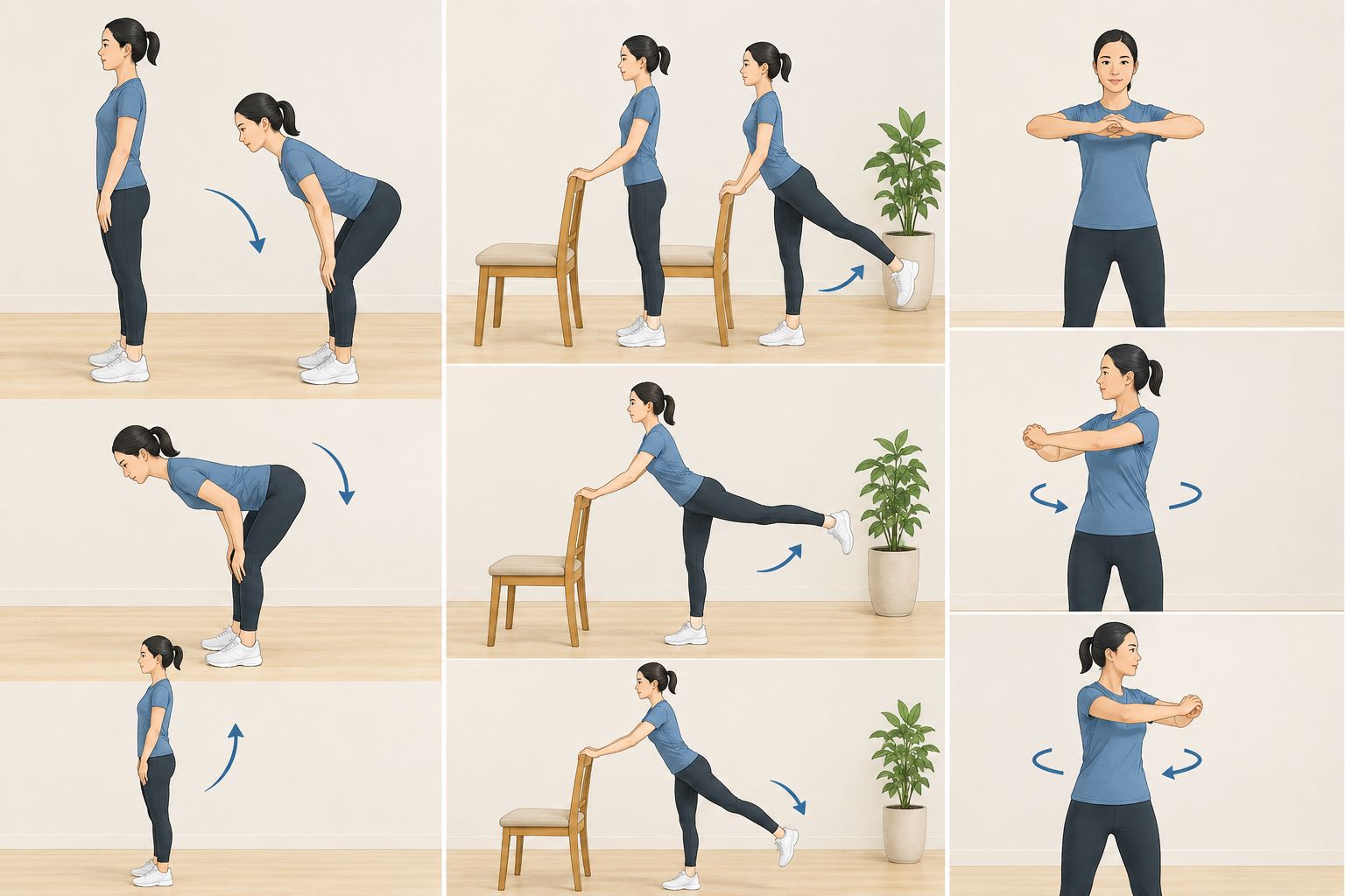 Performing standing exercises correctly helps reduce pressure on the waist. Photo created by AI