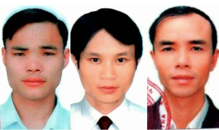 Cơ quan An ninh điều tra kêu gọi 3 bị can Nguyễn Xuân Kim, Lê Sỹ Sáng, Thái Văn Tự (từ trái qua) ra đầu thú. Ảnh: Bộ Công an