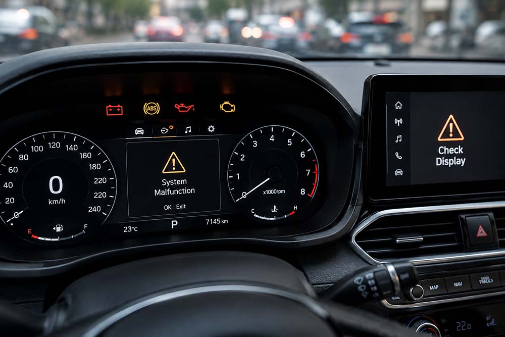 Display errors on modern cars can affect the driver's ability to receive safety information. Graphics: Thanh Vu / Created by AI