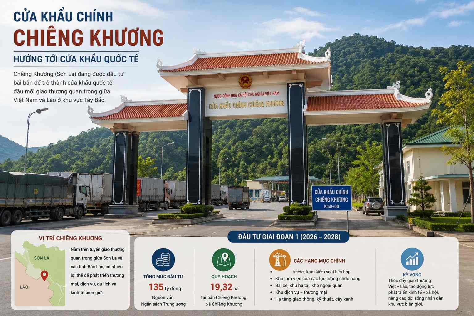 Cửa khẩu Chiềng Khương đang được đầu tư nâng cấp. Ảnh có sự hỗ trợ của AI