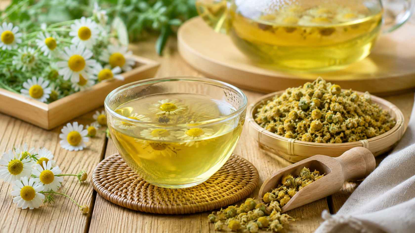 Trà hoa cúc nên được sử dụng với lượng vừa phải, không thay thế hoàn toàn nước lọc. Ảnh có sự hỗ trợ của AI