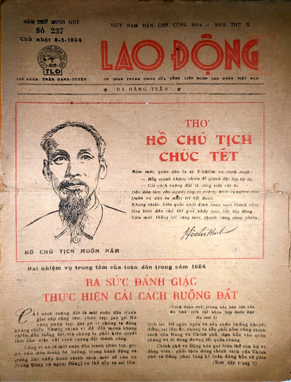 Báo Lao Động số 237, ra ngày 3.1.1954. Ảnh: TRẦN VƯƠNG