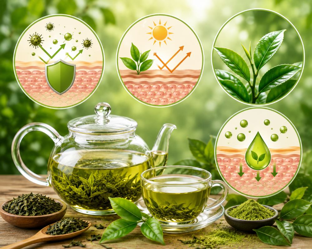 Thanks to its rich polyphenol and catechin content, green tea becomes a natural solution to help protect youthful skin from the inside. Photo created by AI