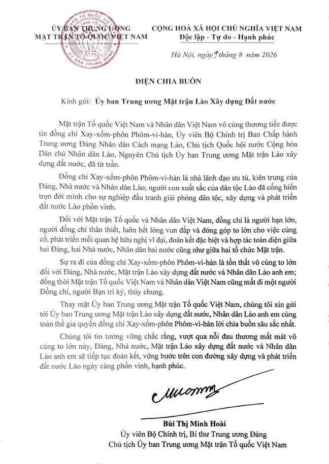 Condolences to the Central Committee of the Lao Front for National Construction.
