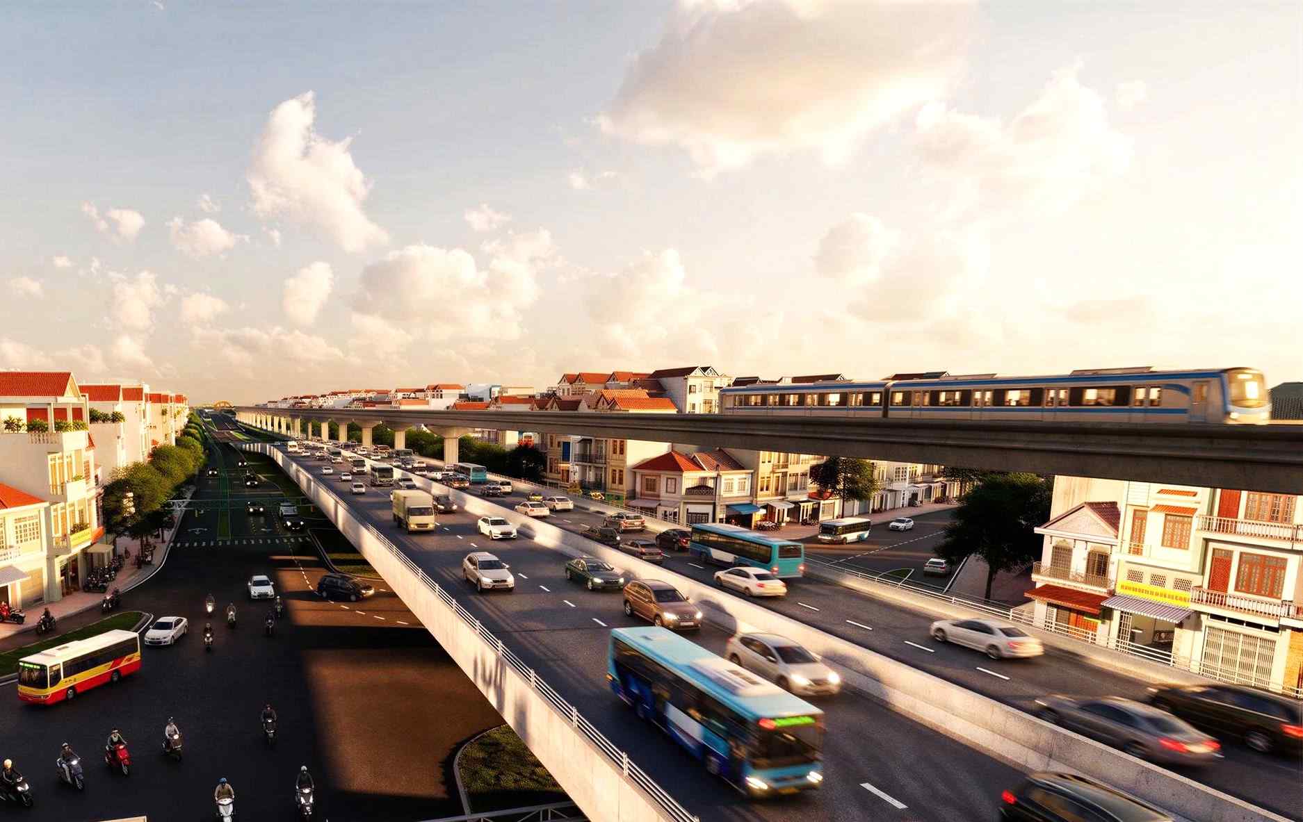 Phối cảnh Metro số 2 (đoạn Tham Lương - An Hạ - Khu đô thị Tây Bắc) đi trên cao dọc Quốc lộ 22. Ảnh: MAUR