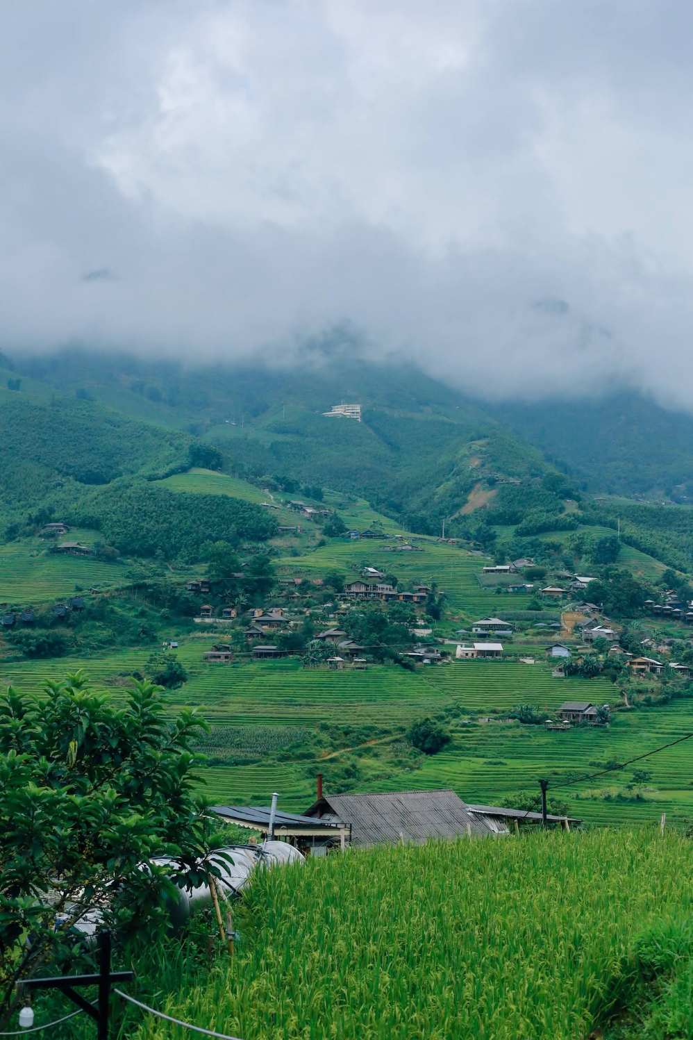 Từ những con đường nhỏ dưới bản, du khách có thể phóng tầm mắt ngắm ruộng bậc thang xanh mướt trải dài giữa thung lũng.