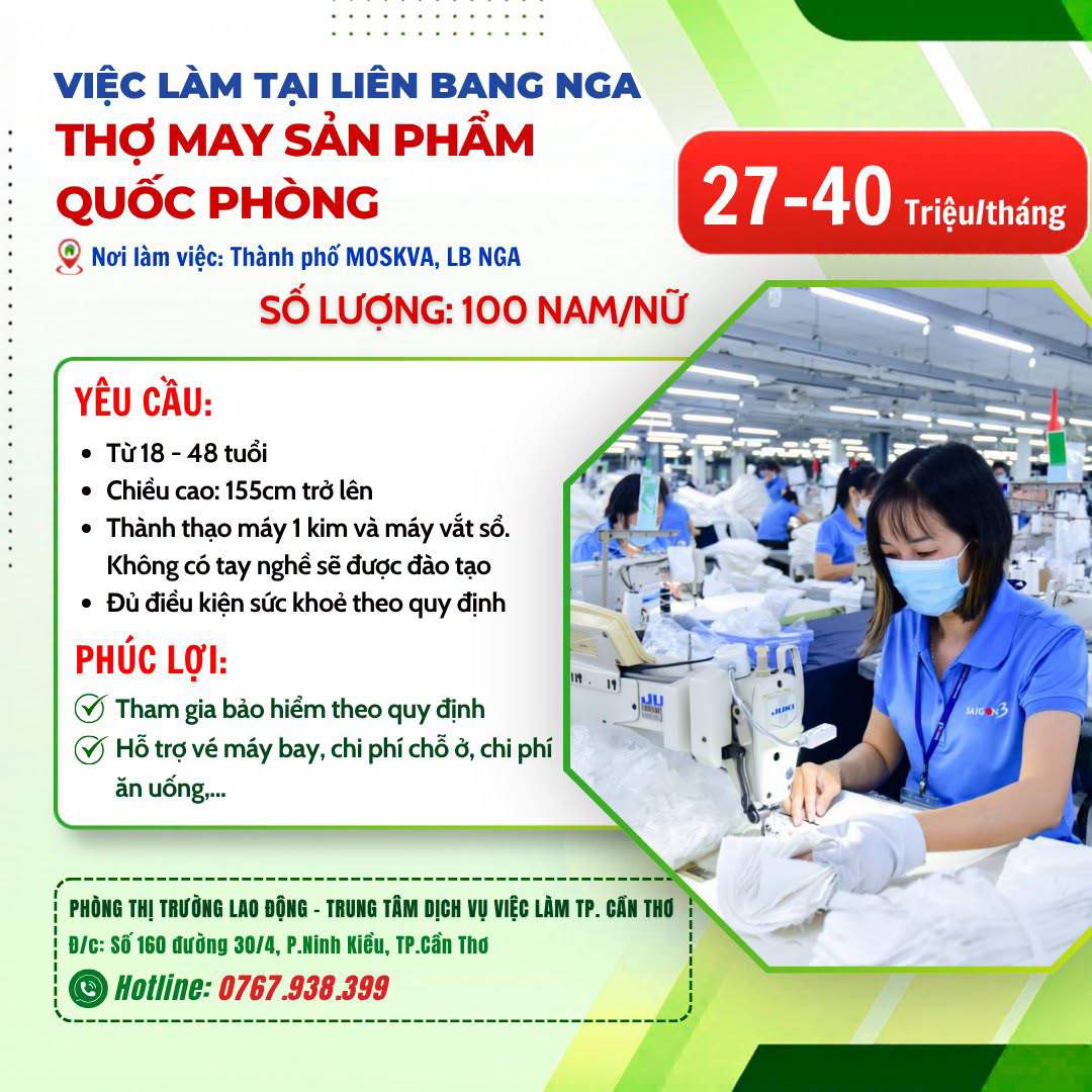 đơn hàng thợ may sản phẩm quốc phòng tuyển tới 100 lao động nam, nữ l