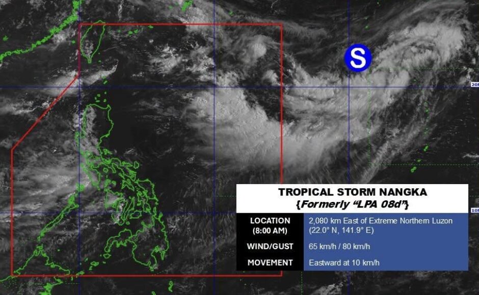 Tropical storm Nangka was 2,080 km east of the northern tip of Luzon at 8:00 AM on August 12, 2026, with winds of 65 km/h and gusts of 80 km/h, moving east at a speed of 10 km/h. Photo: PAGASA