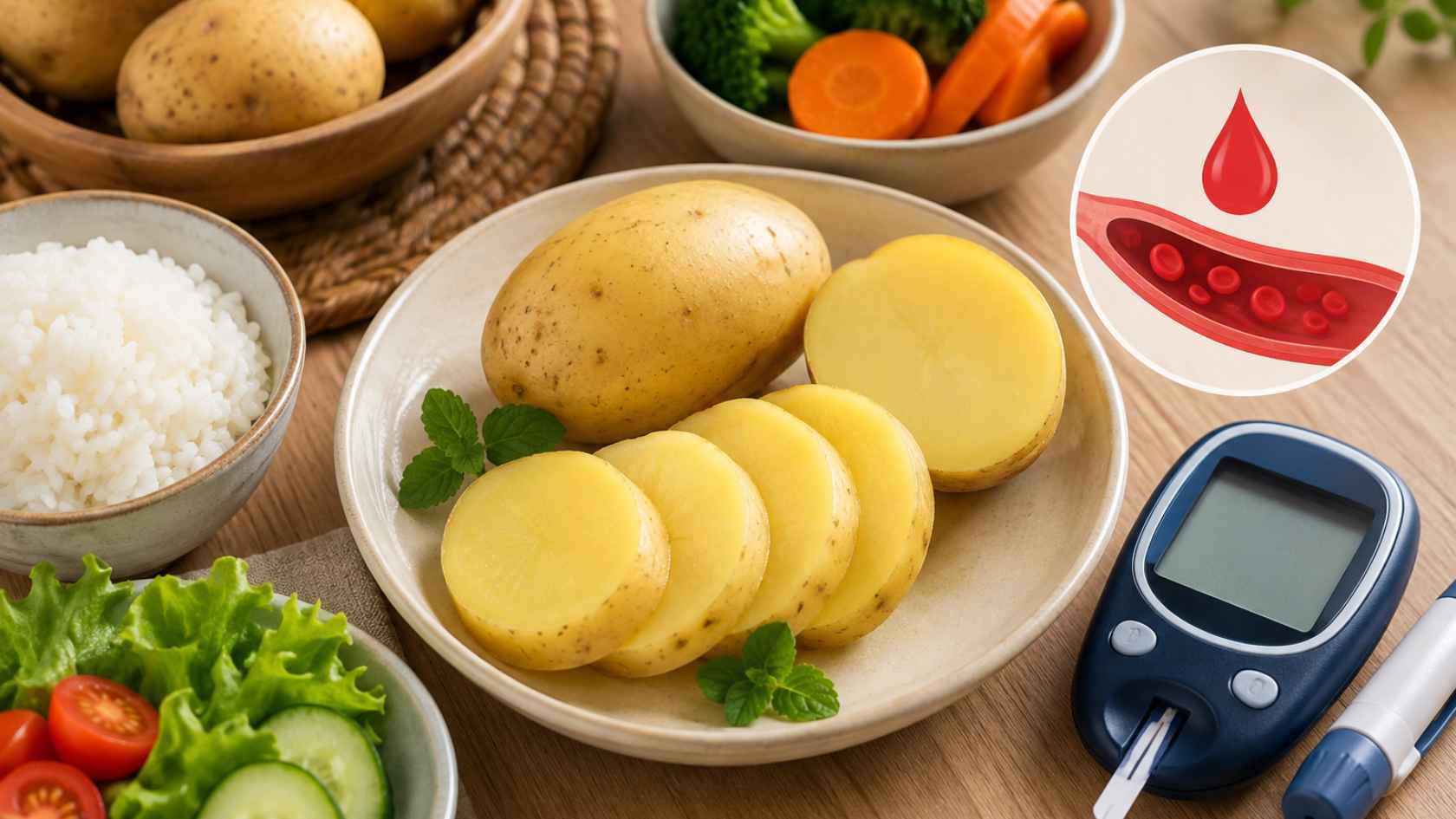 hoai tây hấp hoặc luộc có thể được dùng thay một phần cơm trắng, giúp tăng cảm giác no và hỗ trợ kiểm soát đường huyết. Ảnh có sự hỗ trợ của AI