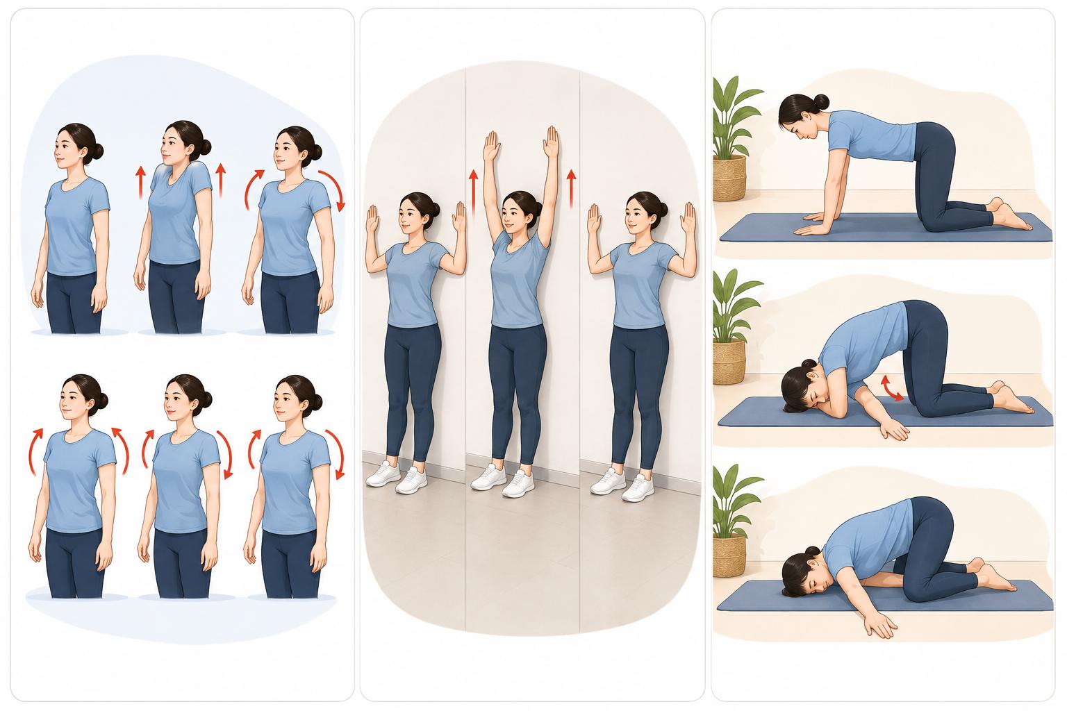 3 exercises to help increase flexibility and reduce shoulder stiffness. Photo created by AI