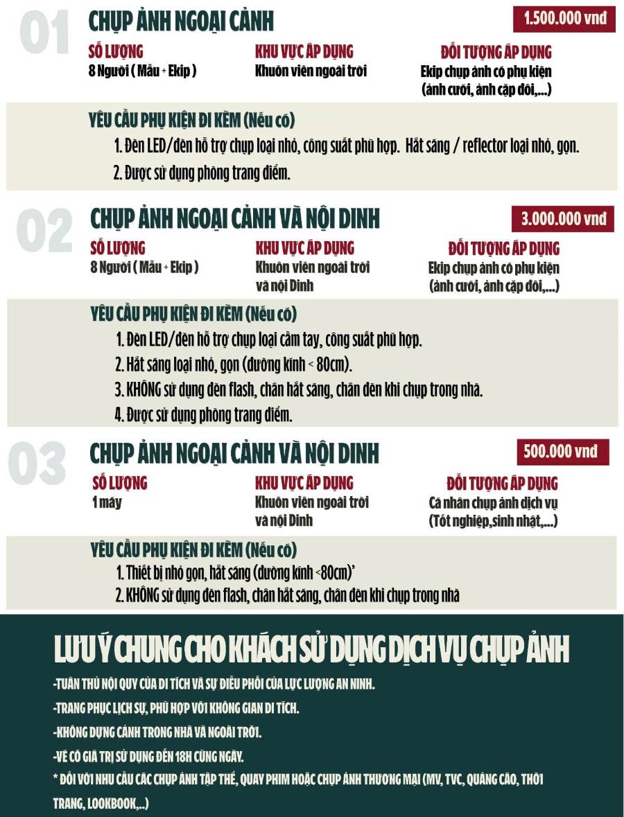 Quy định chụp ảnh và bảng giá dịch vụ chụp ảnh sau điều chỉnh. Nguồn ảnh: Dinh Độc Lập
