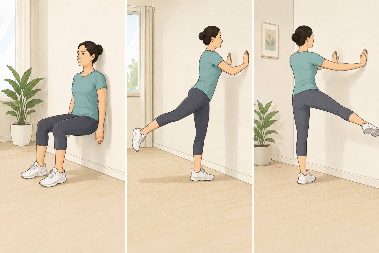 Realizar ejercicios de pared ayuda a tonificar los músculos de las nalgas y proteger las articulaciones después de los 60 años. Foto con el apoyo de la IA
