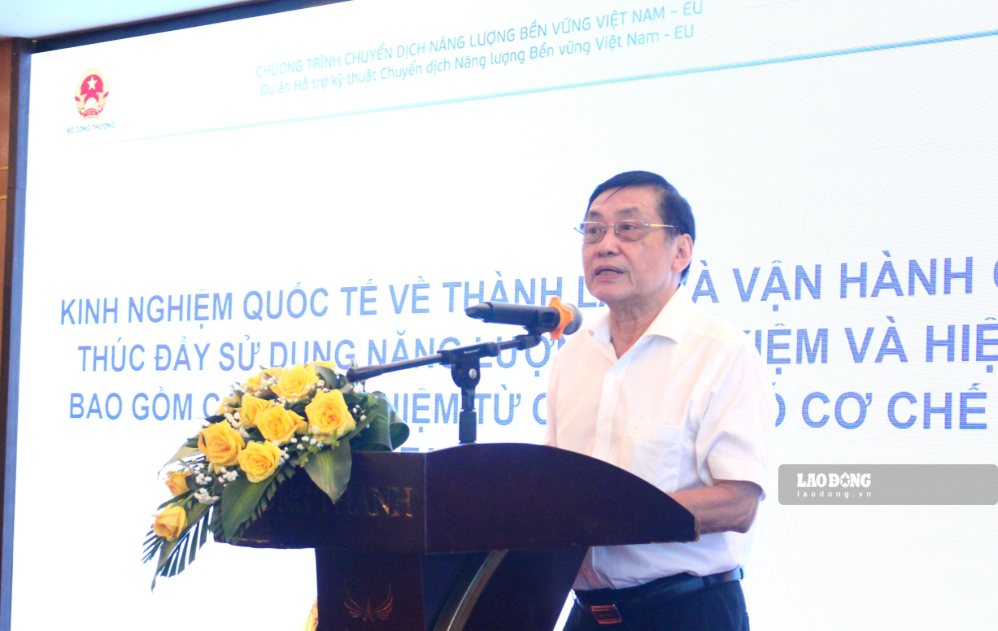 Ông Phạm Phan Dũng, Đại diện Nhóm nghiên cứu chia sẻ kinh nghiệm triển khai Quỹ thúc đẩy sử dụng năng lượng tiết kiệm và hiệu quả. Ảnh: Thanh Huyền