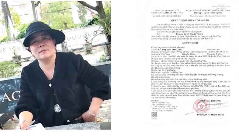 La policía de la provincia de Đắk Lắk anuncia la búsqueda de la Sra. Lê Thị Kim Phượng para servir a la investigación en relación con el caso de fraude y apropiación indebida de bienes. Foto: Policía de Đắk Lắk proporcionada