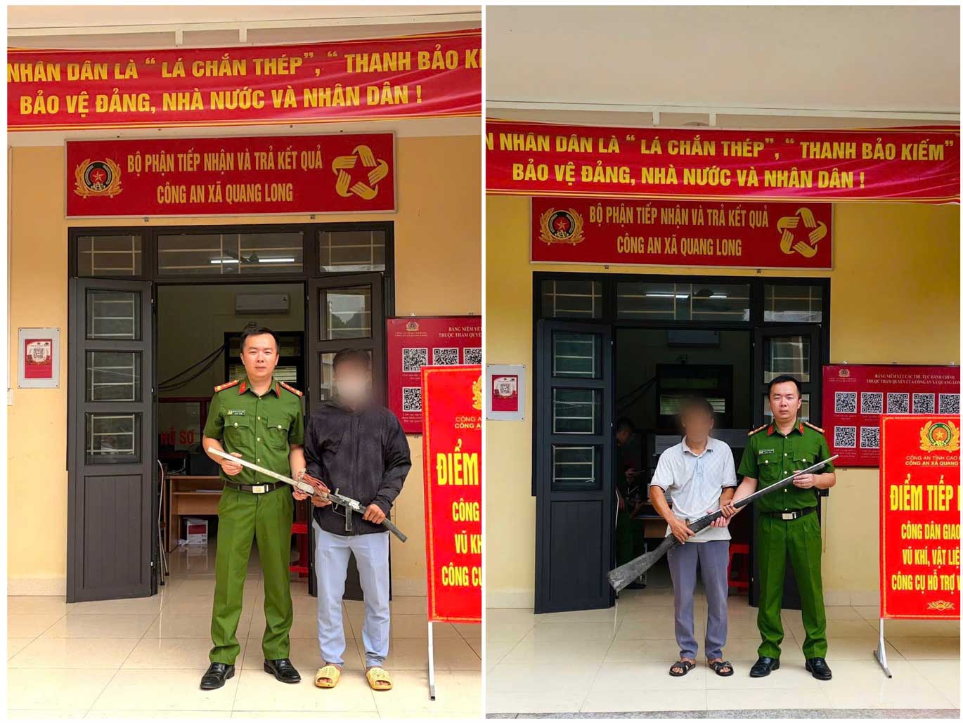 La policía de la comuna de Quang Long recibe escopetas y ballestas entregadas voluntariamente por los ciudadanos. Foto: Policía de la provincia de Cao Bang