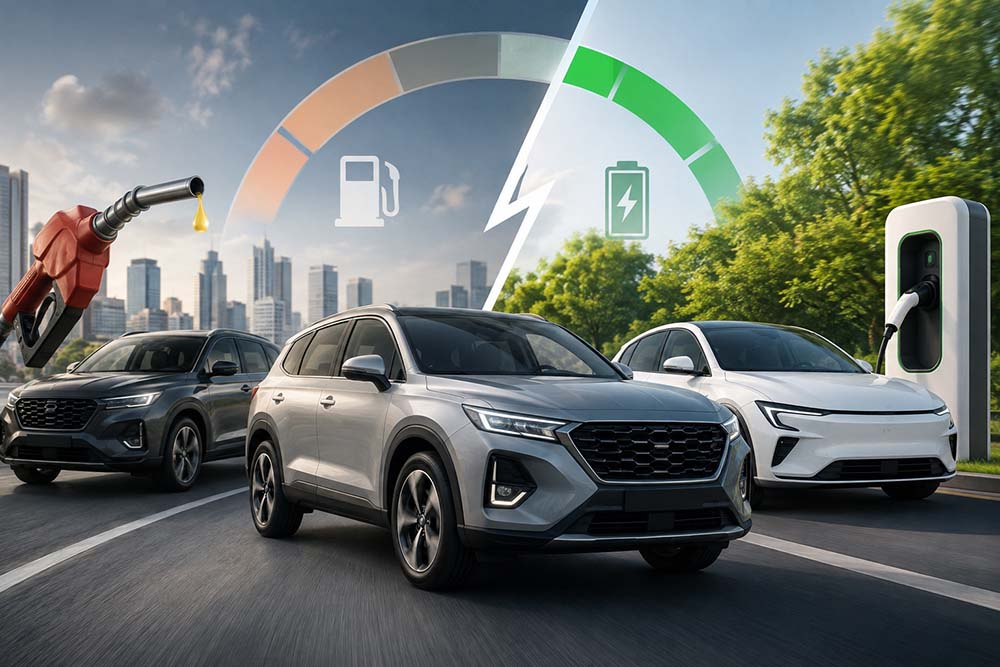Gasoline, hybrid and electric vehicles are competing in the transition of the auto market. Photo: AI
