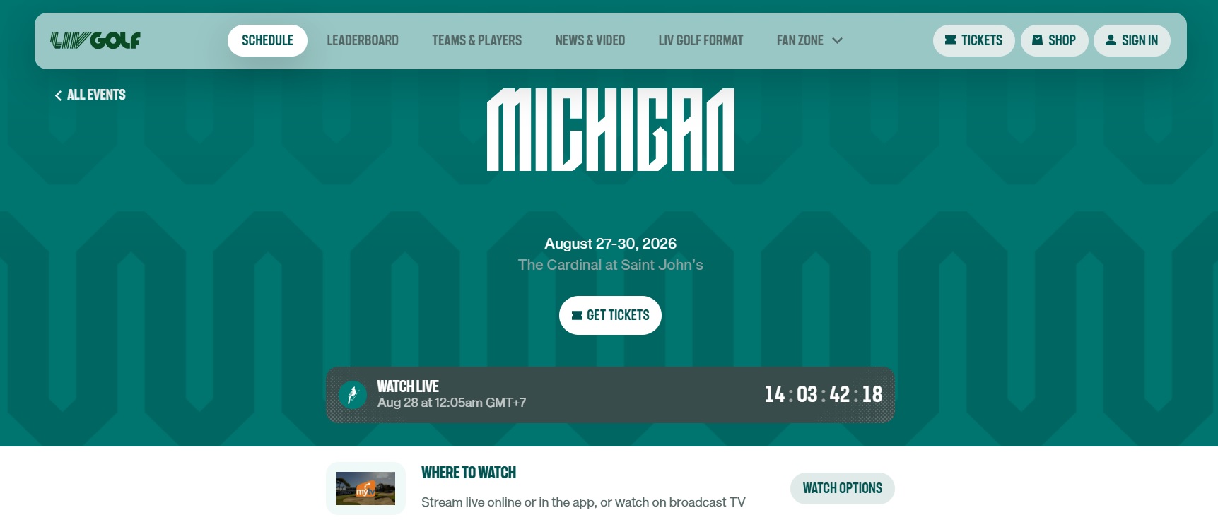LIV Golf Michigan Team Championship event tickets are still sold on the homepage of LIV Golf. Photo: CMH