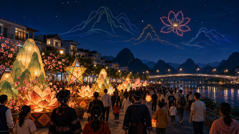 Perspectiva del Festival de la Luz Fronteriza con espectáculos de drones, desfiles de linternas y espacio cultural de Lang Son. Foto ilustrativa creada por IA