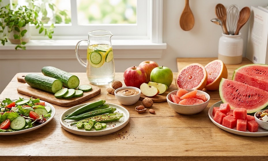 Supplementing with water-rich foods is a simple strategy to help the body stay hydrated and control blood sugar effectively. Photo created by AI