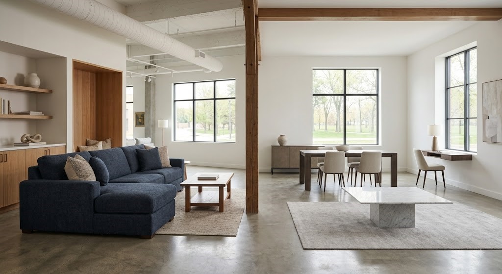 Lựa chọn ghế sofa có kích thước và màu sắc hài hòa giúp nâng tầm thẩm mỹ cho toàn bộ không gian phòng khách. Ảnh tạo từ AI